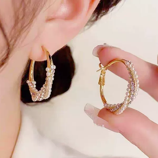 Popular Rhinestone Beaded Large Hoop Earrings, Full Diamond Light Luxury Niche Hoop Studs, Pearl Personality Exaggerated Earrings