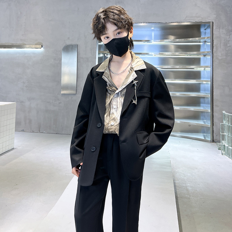소년 새로운 가을 간단한 느슨한 캐주얼 세트 랩 잉크 셔츠 큰 어린이 디자인 조커 세트