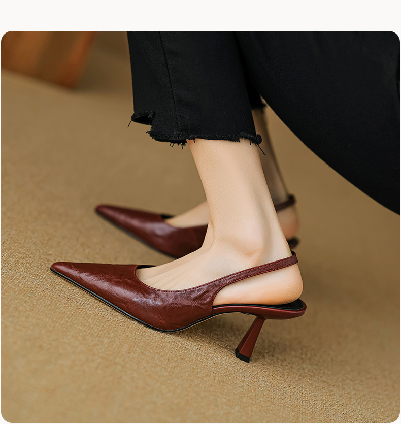 Sandal cao gót nữ mũi nhọn hở gót, da cừu, phong cách Hàn Quốc đơn giản — đen chi tiết 7