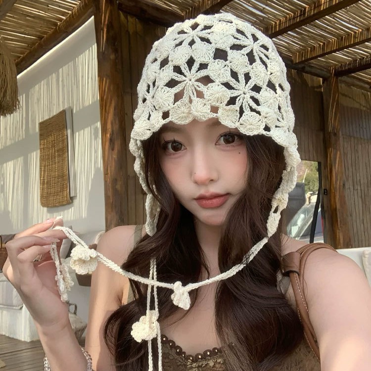 手工钩织2026新款夏季针织女镂空花朵堆堆帽流苏甜美可爱包头帽子