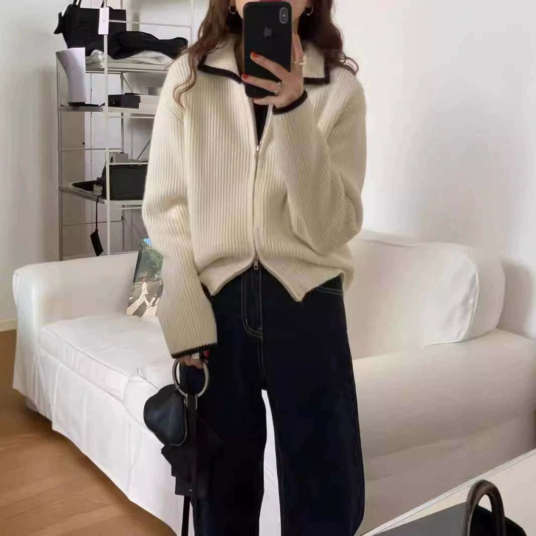 Demi-season knitted cashmere with zipper, cardigan, jacket, woolen sweater, loose fit, increased thickness