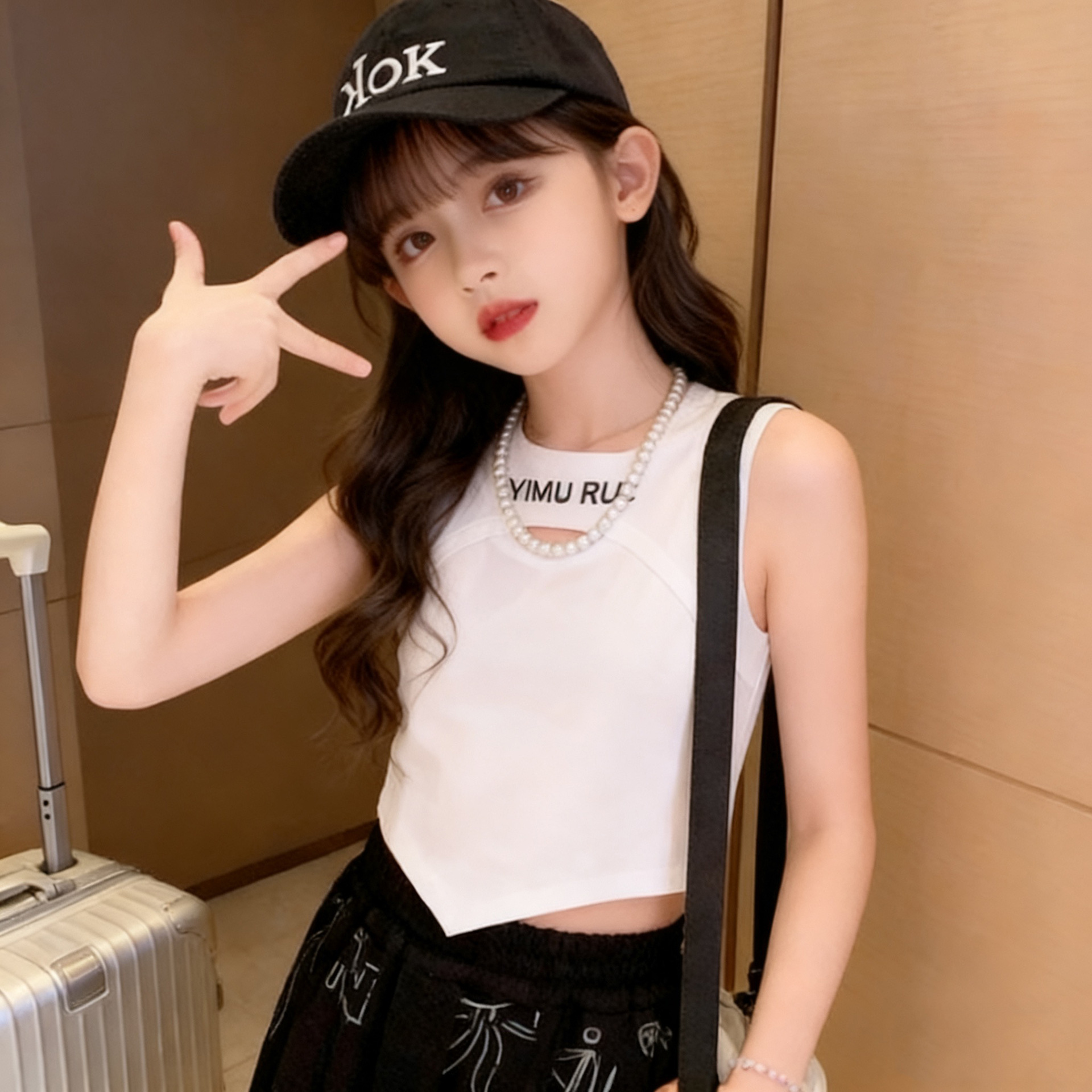 Modal Girls' Vest Summer New Style Irregular Korean Style Stylish Kidsren's Cut Out T-Shirt Casual Sleeveless Vest
