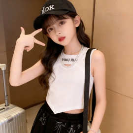 莫代尔女童背心夏季新款不规则韩版洋气儿童镂空T恤休闲无袖背心