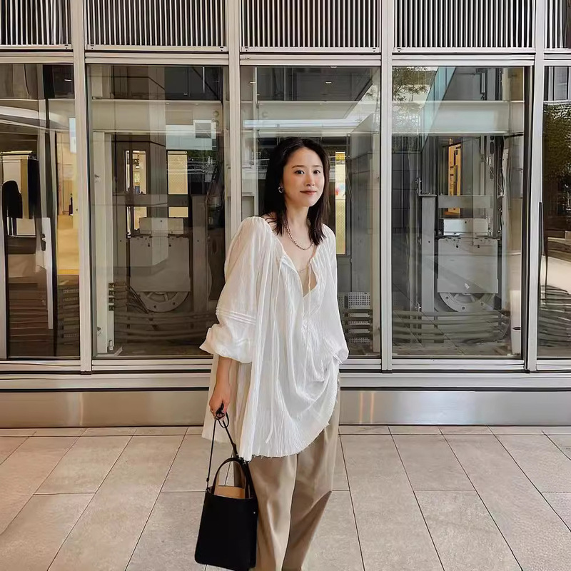 Dry Crane Spring and Summer New Japanese French Romantic Lace Lazy Style Relaxation Cotton Shirt Round Neck Loose Top