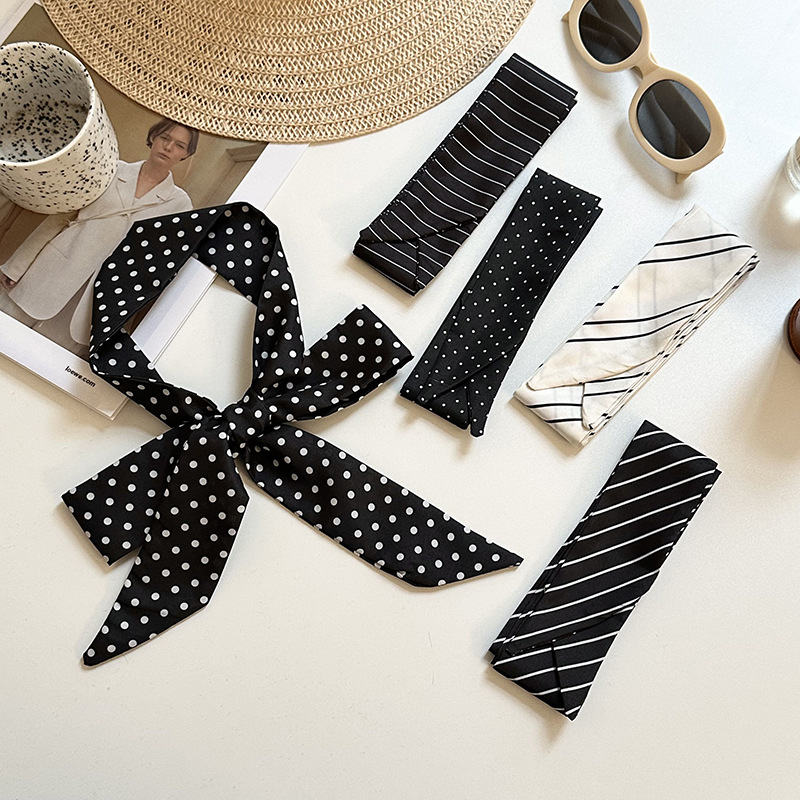 Cinta clásica de lunares, estilo retro, lunares franceses, cintas estrechas y multiusos, pañuelo de seda largo, pañuelo en la cabeza, cinturón para el cabello, cabello atado