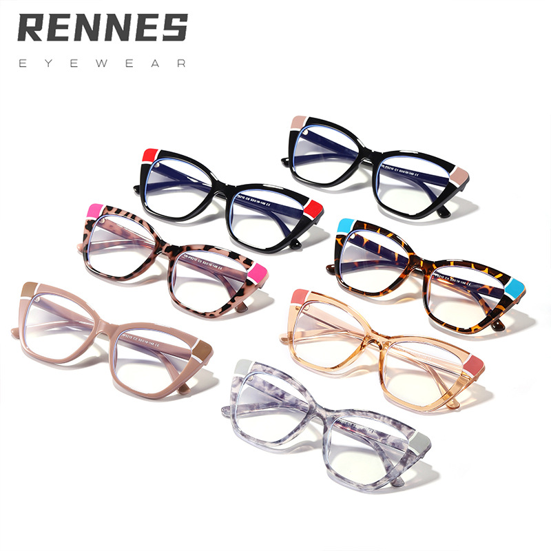 Nuevo ojo de gato gafas lisas costura de moda gafas de Marco personalidad femenina Bolso liso color transfronterizo anti-azul gafas de luz