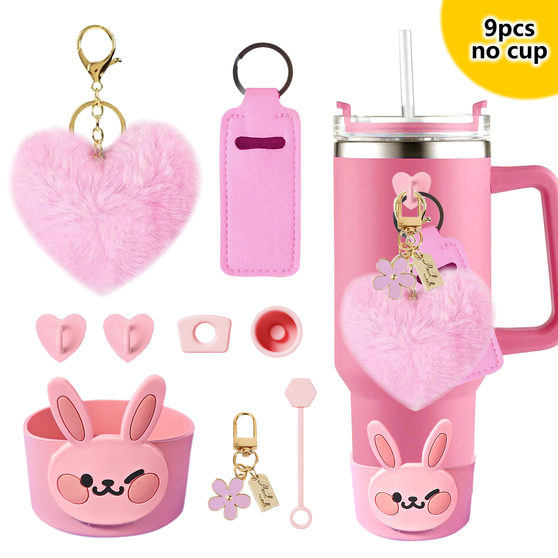 Accesorios de taza Stanley colgante de cuerda de mano flor de silicona gorra de paja de peluche colgante de taza cadena de taza de color cubierta de taza