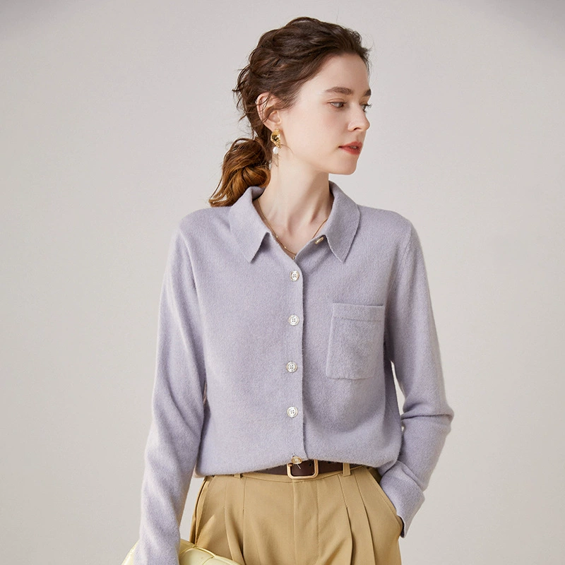 Шерстяной кардиган-свитер с воротником-поло, осенне-зимний, новый стиль 2025, вязаный базовый топ с длинным рукавом, кашемировая рубашка для женщин