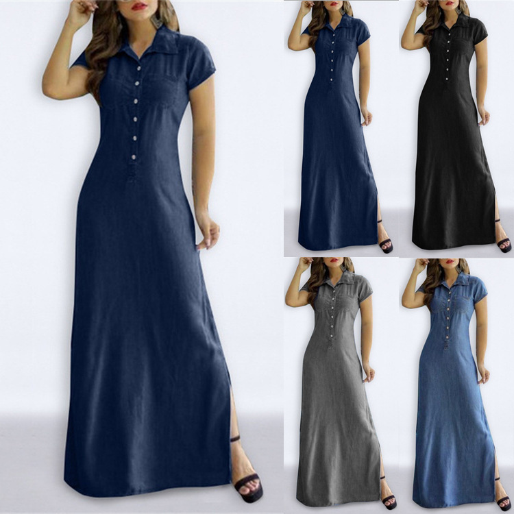 2022 Long Dress with Shirt Collar, Slit Pockets, Large Hem, Plus Size Casual Denim Dress, Short Sleeves, Turn-Down Collar, Slimming Effect