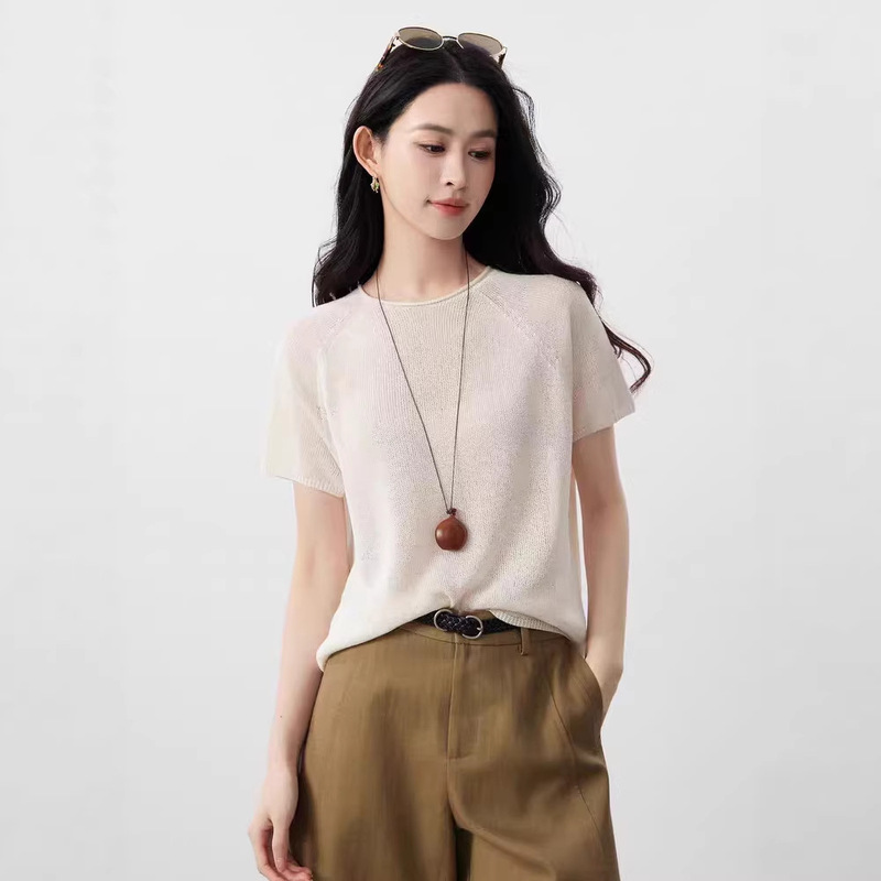 26 New Summer Style Seamless One-Piece Washi Yarn Short-Sleeved Rolled Edge Round Neck Slightly See-Through Relaxed Knit Korean Style Blouse for Women
