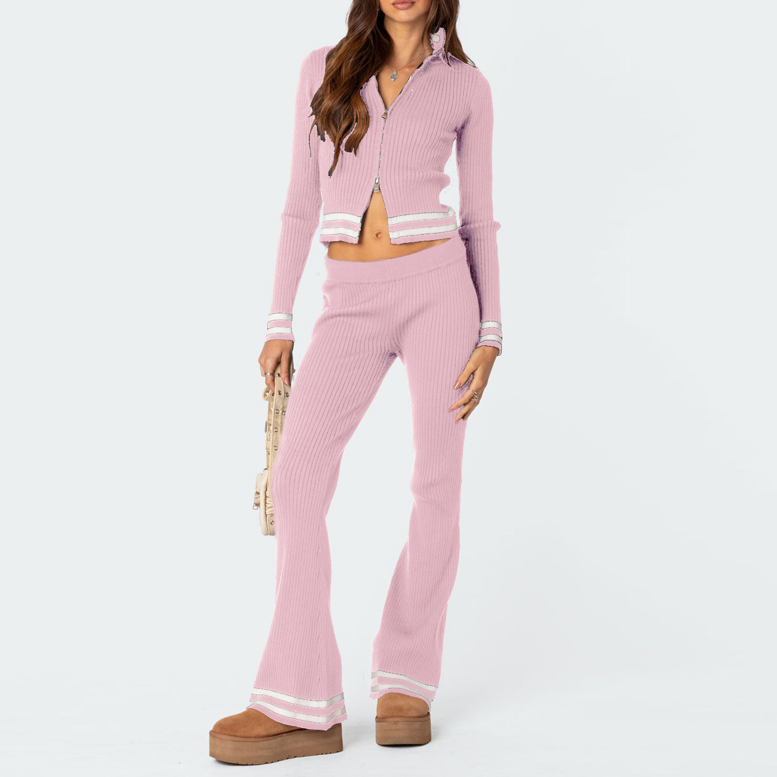 Damer Casual och mångsidig stand-up krage slim-fit topp + byxor casual tröja i två delar_voghion.com