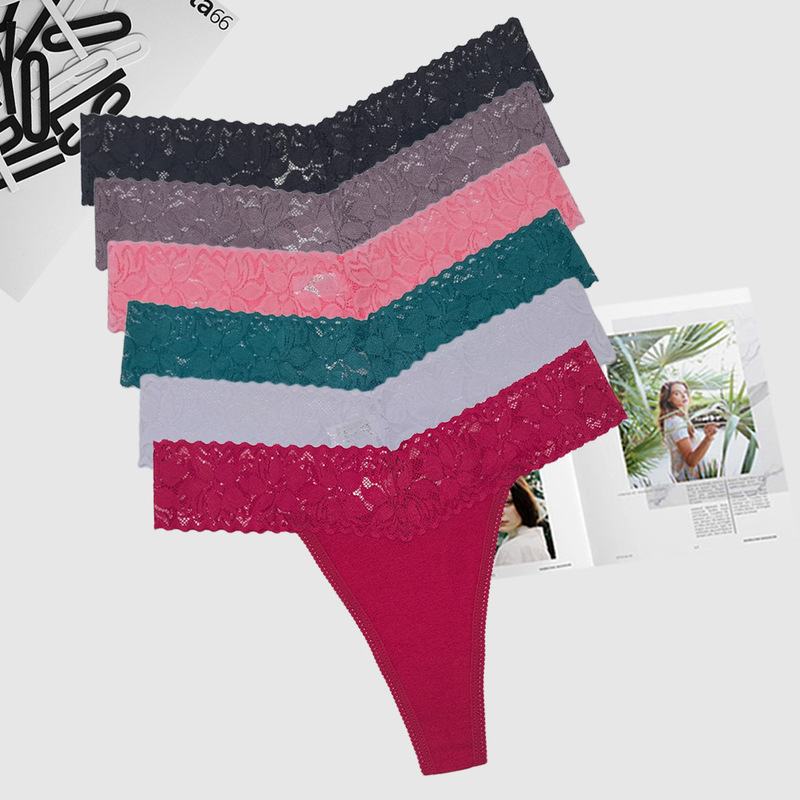 Exclusive for cross-border foreign trade: Lace hollow-out belt sexy thong, manufacturer-supplied solid color alluring women's underwear