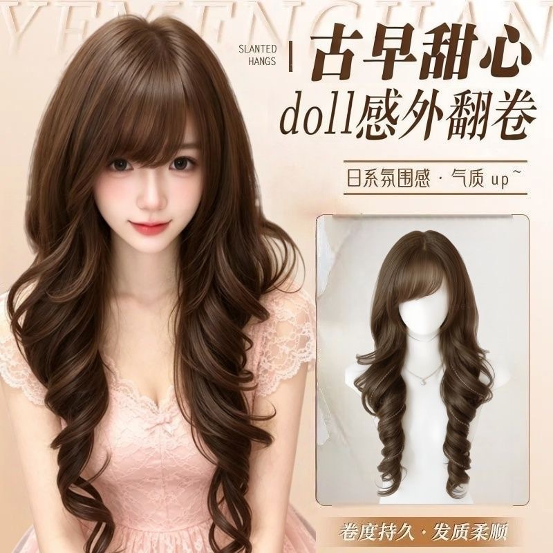 女性用コニーフルヘッドウィッグ - 反転ローマンカールのヴィンテージドールルック、甘いスタイルのロングウェーブのかかった髪、ロリータウィッグ