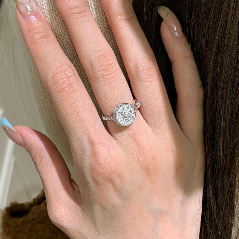 S925 Sterling Silver Starburst Full Diamond Compass Ring For Women, Adjustable Open Design, Niche High-End Light Luxury_voghion.com