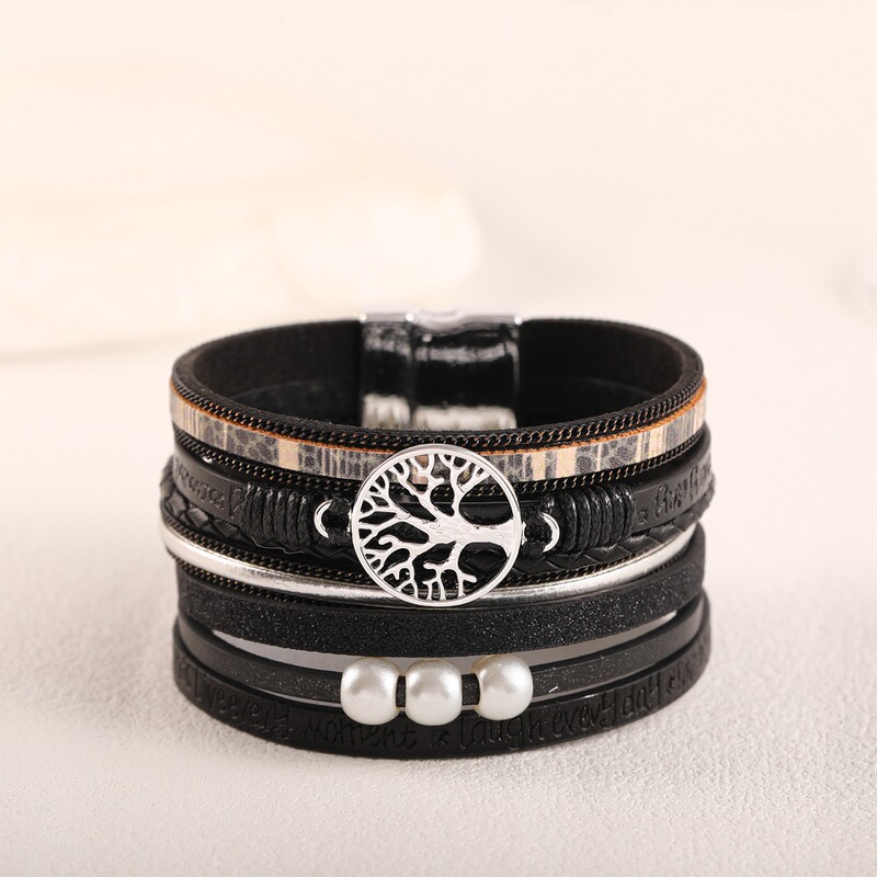 Cross-Border Hot-Selling Leather Bracelet for Women, Fashionable Hollow Life Tree Embossed Letter Pearl Bracelet Magnetic Buckle Jewelry Cross-Border Hot-Selling Leather Bracelet for Women, Fashionable Hollow Life Tree Embossed Letter Pearl Bracelet Magnetic Buckle Jewelry