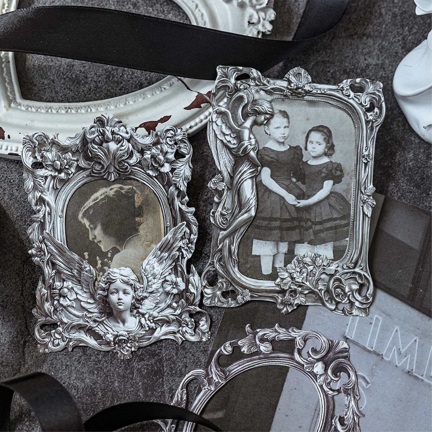 Tarjeta de collage en relieve hueca de papel de madera Mo Mo Sheng, serie de luces y sombras plateadas, bolsa de pegatinas de cuentas huecas retro Guka