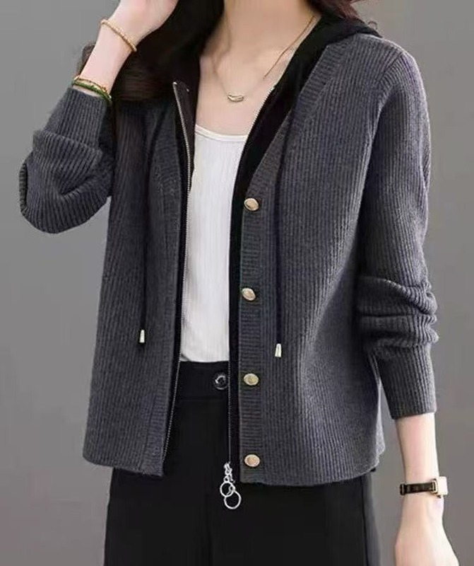 短款连帽毛衣外套女秋冬2025新款韩系针织衫开衫假两件拼接上衣潮|undefined