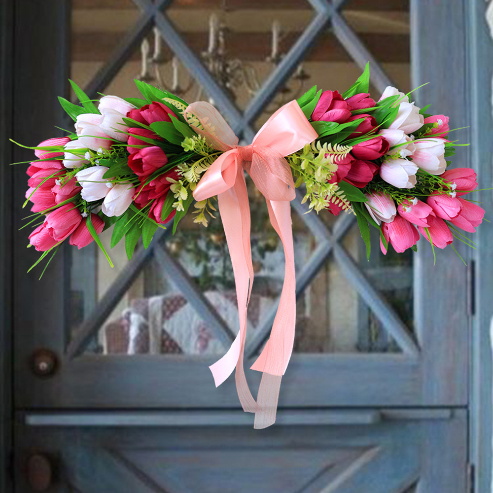 Tulipan transfronterizo puerta colgante flores de seda artificial flores verdes decoración de boda sensación colgante de pared