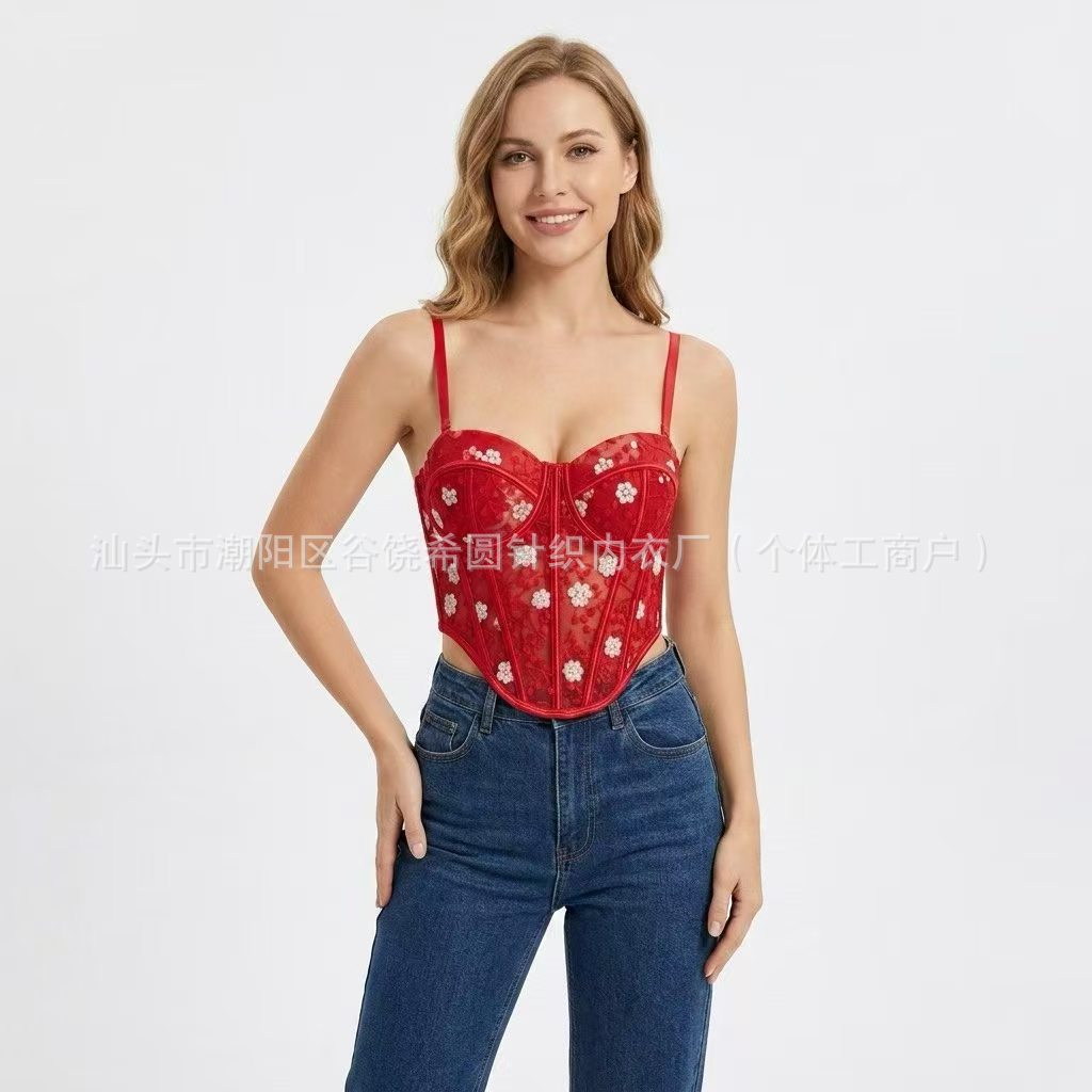 European and American cross-border embroidered lace fishbone corset, a sexy camisole top for women, designed to be worn as outerwear, with a slimming and figure-enhancing effect