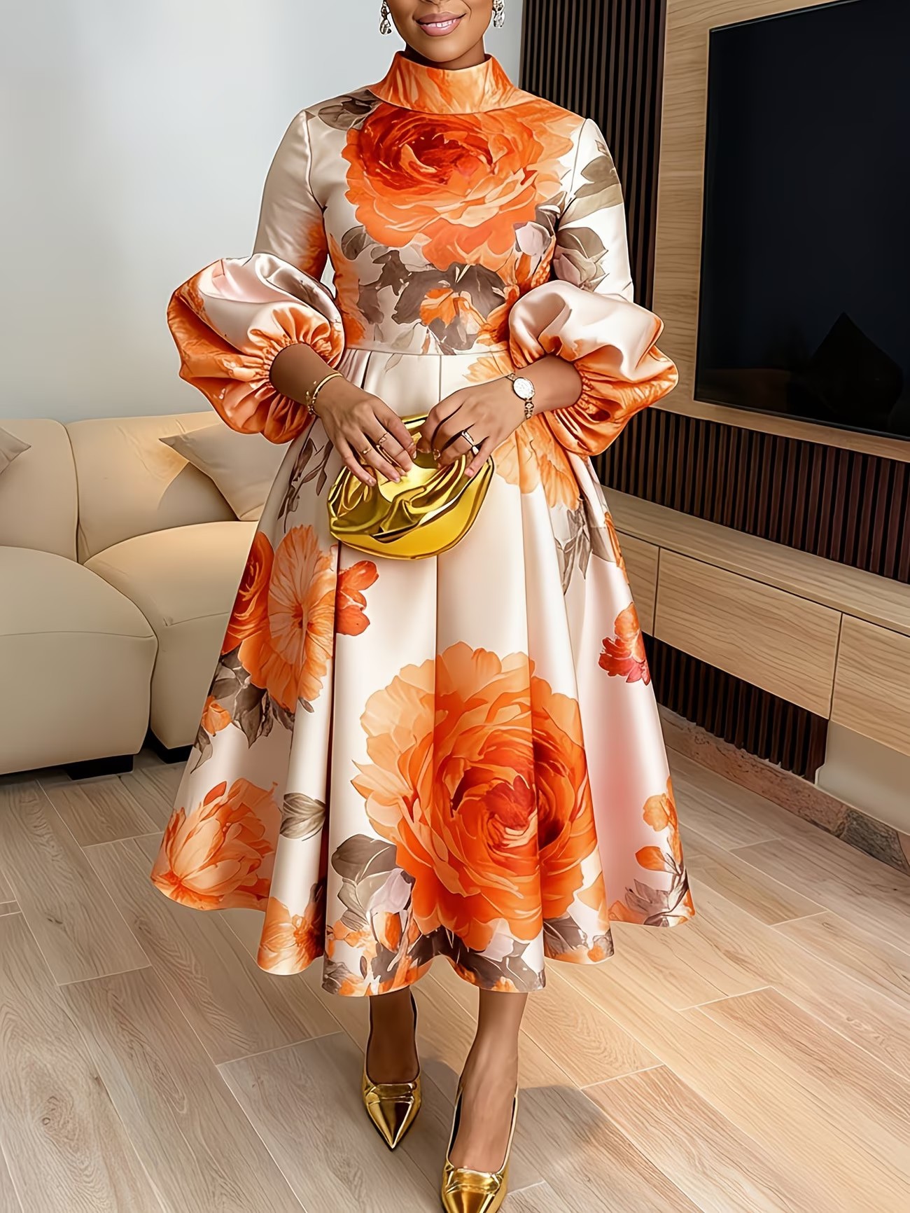 Elegant Slim Waist Printed Women's Dress Lantern Sleeve_ecoleips.com