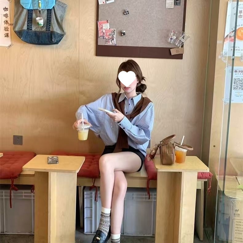 kumikumi慵懒风条纹POLO领长袖衬衫女秋季休闲宽松显瘦百搭上衣|undefined