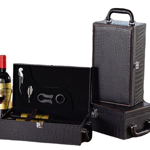 Wine Red Crocodile Pattern PU Leather Gift Box, Standard Two-Bottle Universal Wine Gift Box with Accessories