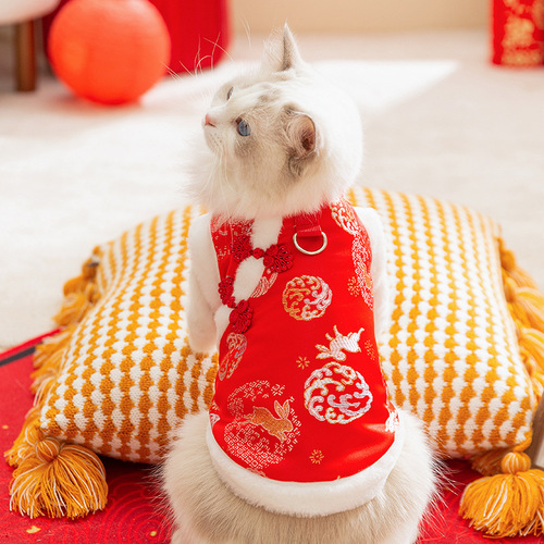 Coats for Cats and Dogs in Autumn and Winter, Festive Chinese Style Brocade, Two-Legged Cotton Coats, Blue Cat, Kung Fu Style Vest