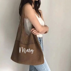 個性的な刺繍がシンプルな新型韓国レトロファッションニットの透かし彫りシングル肩毛糸カジュアル大容量ショッピング