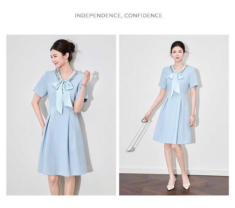 Đầm liền nữ cổ chữ V xếp ly tay lỡ, chất liệu sequin lấp lánh kiểu dáng quý bà — Màu xanh lam nhạt chi tiết 11