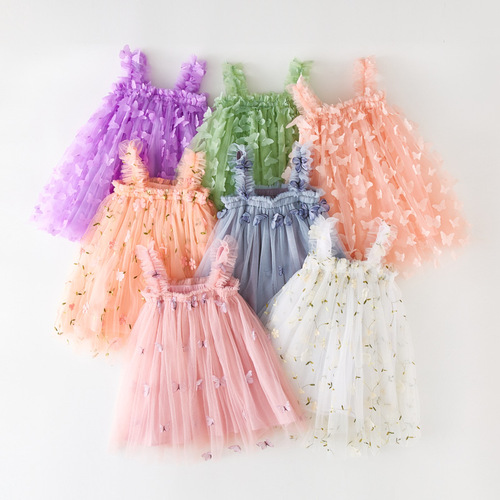 New Children's Dress with Embroidered Butterfly Straps, Sweet Princess Skirt, Net Fabric, Puffed Skirt, Girls' Dress