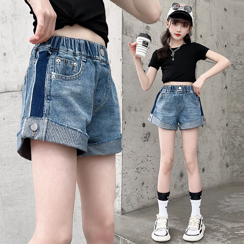 Wholesale Summer Thin Cuffed Denim Shorts for Girls, Trendy Versatile Hot Pants for Children