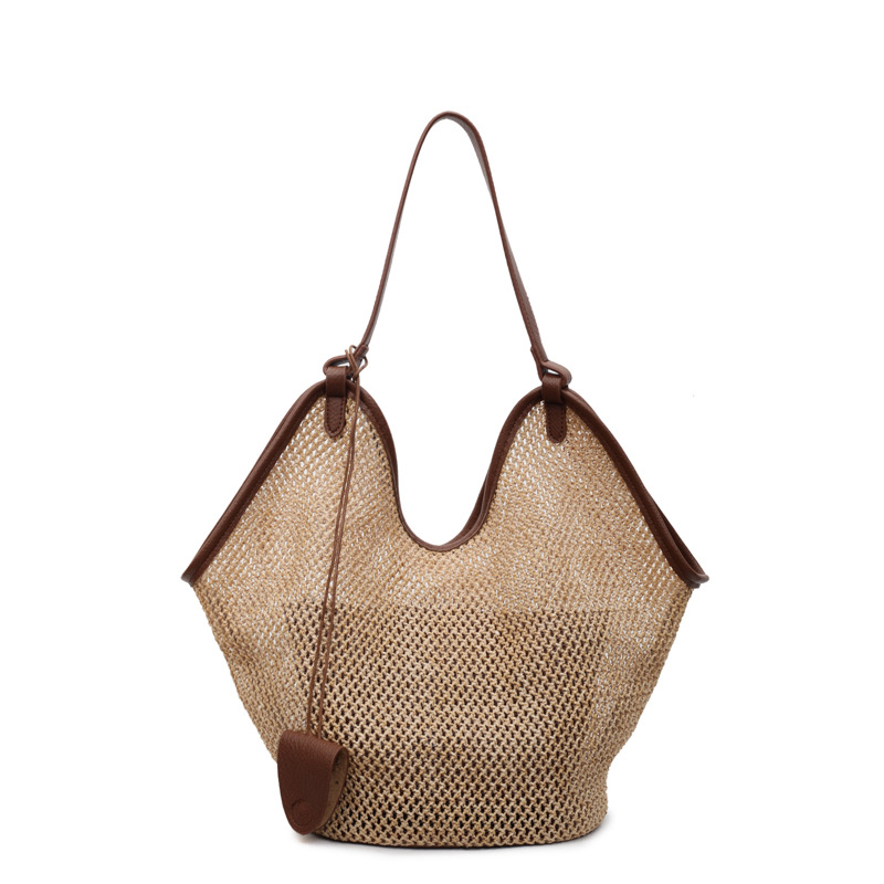 Large Capacity Women's Handbag Summer 2025 New Beach Vacation Tote Bag Casual Shoulder Woven Straw Bag - Thumbnail 5