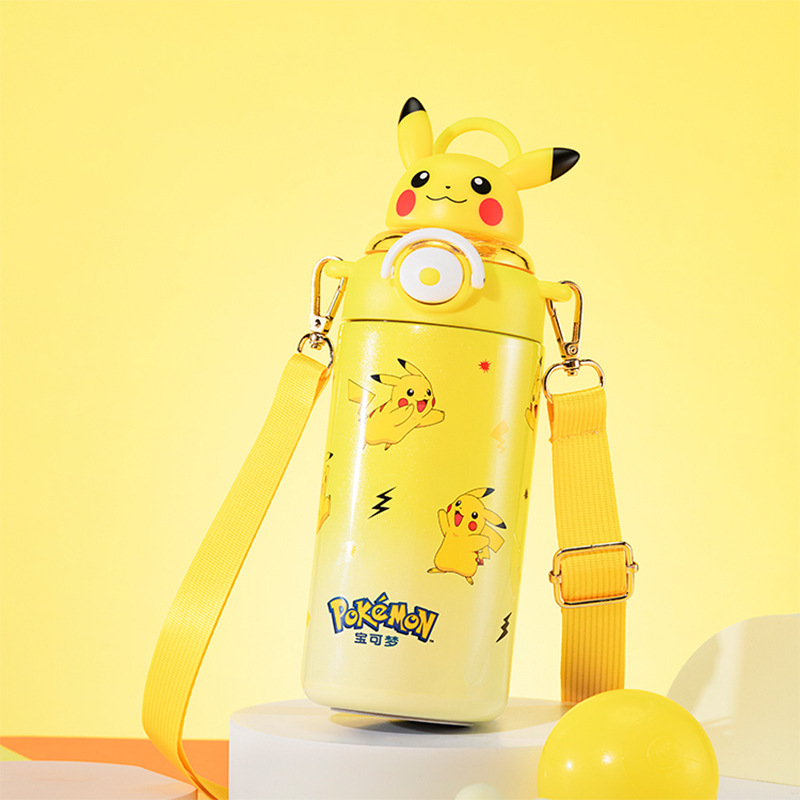 ステッチピカチュウ子供用魔法瓶カップ漫画ポータブルステンレス鋼ケトル学生かわいいストラップウォーターカップストロー|undefined