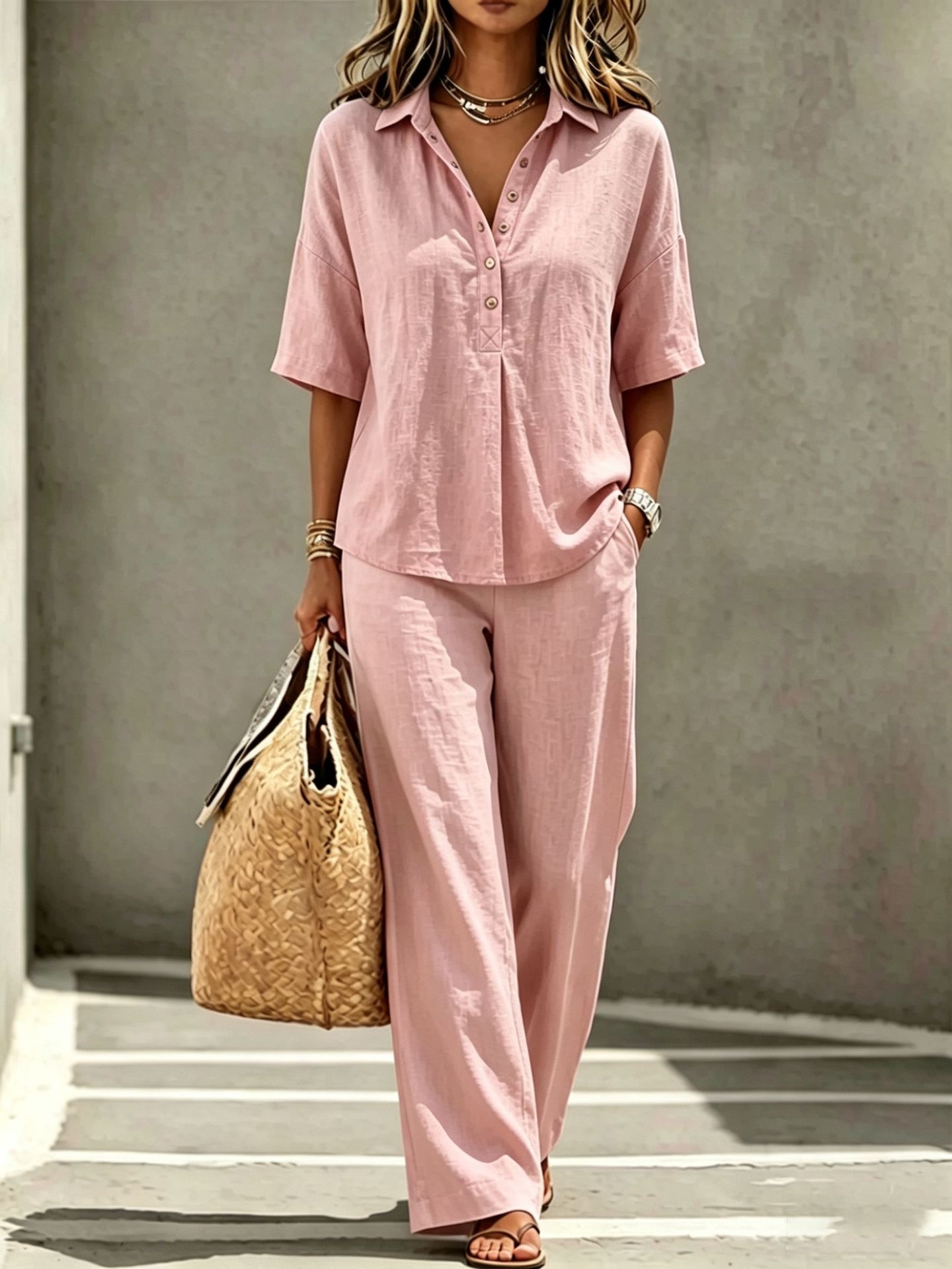 Women's Clothing Casual Loose Polo Collar Top Wide Leg Pants Two Piece Set_ecoleips.com