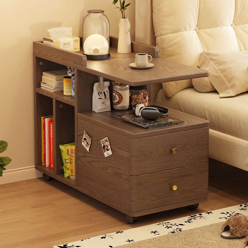 Mesa de té de lujo ligera con ruedas, estante de almacenamiento al lado de la cama, carro de madera sólida, tabla lateral móvil, sofá, gabinete lateral