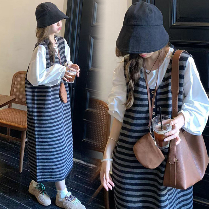 孕妇秋装2025新款潮妈孕期穿搭上衣条纹背带裙子套装早秋季连衣裙|undefined