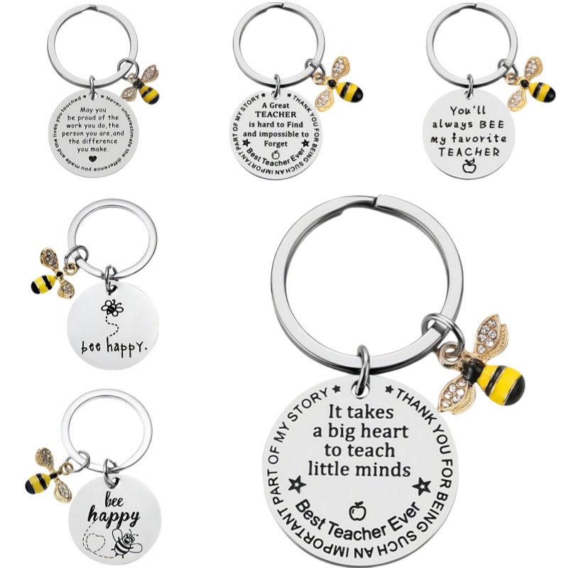 Cross-Border Best-Selling Thanksgiving Gift Stainless Steel Keychain Engraved Little Bee Pendant Graduation Teacher's Day Thank You Gift