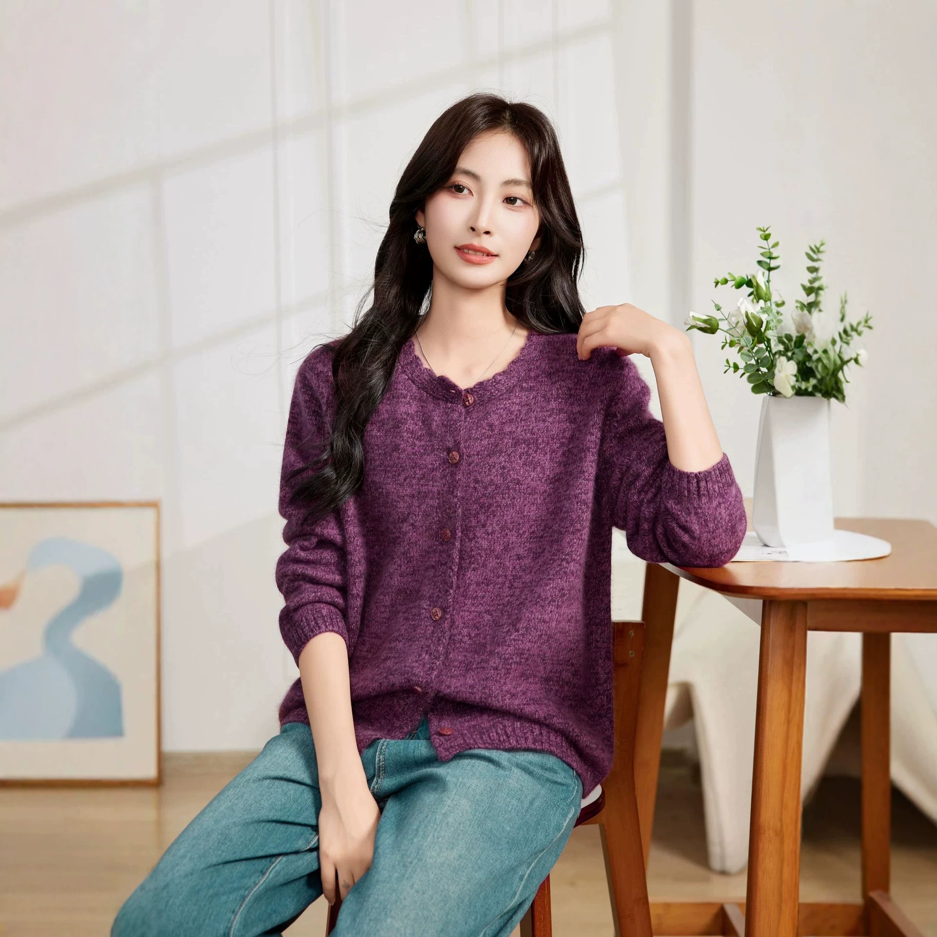 2026 New V-Neck Knitted Cardigan Special Raccoon Fur Sweater Top for Commuting, Soft and Simple Solid Color Versatile Jacket