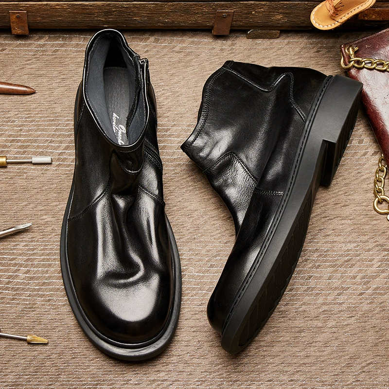 Осенне-зимние универсальные ботинки из мытой конской кожи в стиле ретро, ​​короткие ботинки из натуральной кожи, ботинки челси на толстой подошве, кожаная мужская обувь E233