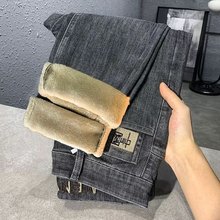 中国刺绣牛仔裤男弹力宽松秋冬男士新款加绒加厚小直筒修身长裤子