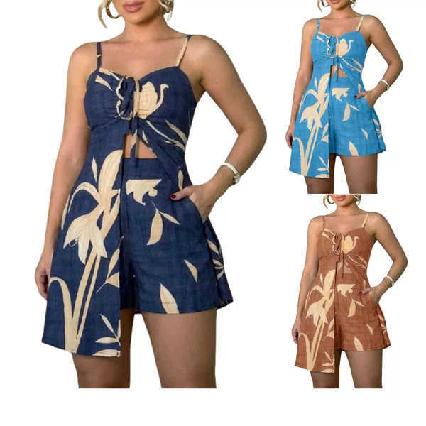 2026 European and American Women's Two-Piece Vacation Fashion Print Set, Strapless Top with Slit and Shorts