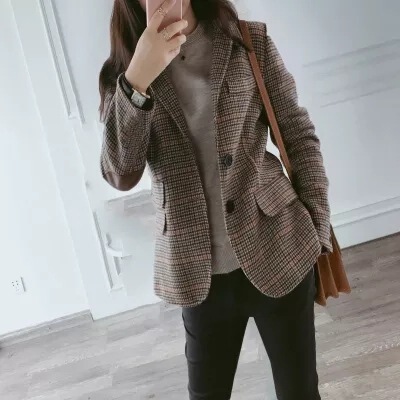 Plaid Woolen Blazer for Women 2026 Autumn and Winter New Korean Style Slim Fit Versatile Retro Woolen Women's Small Suit