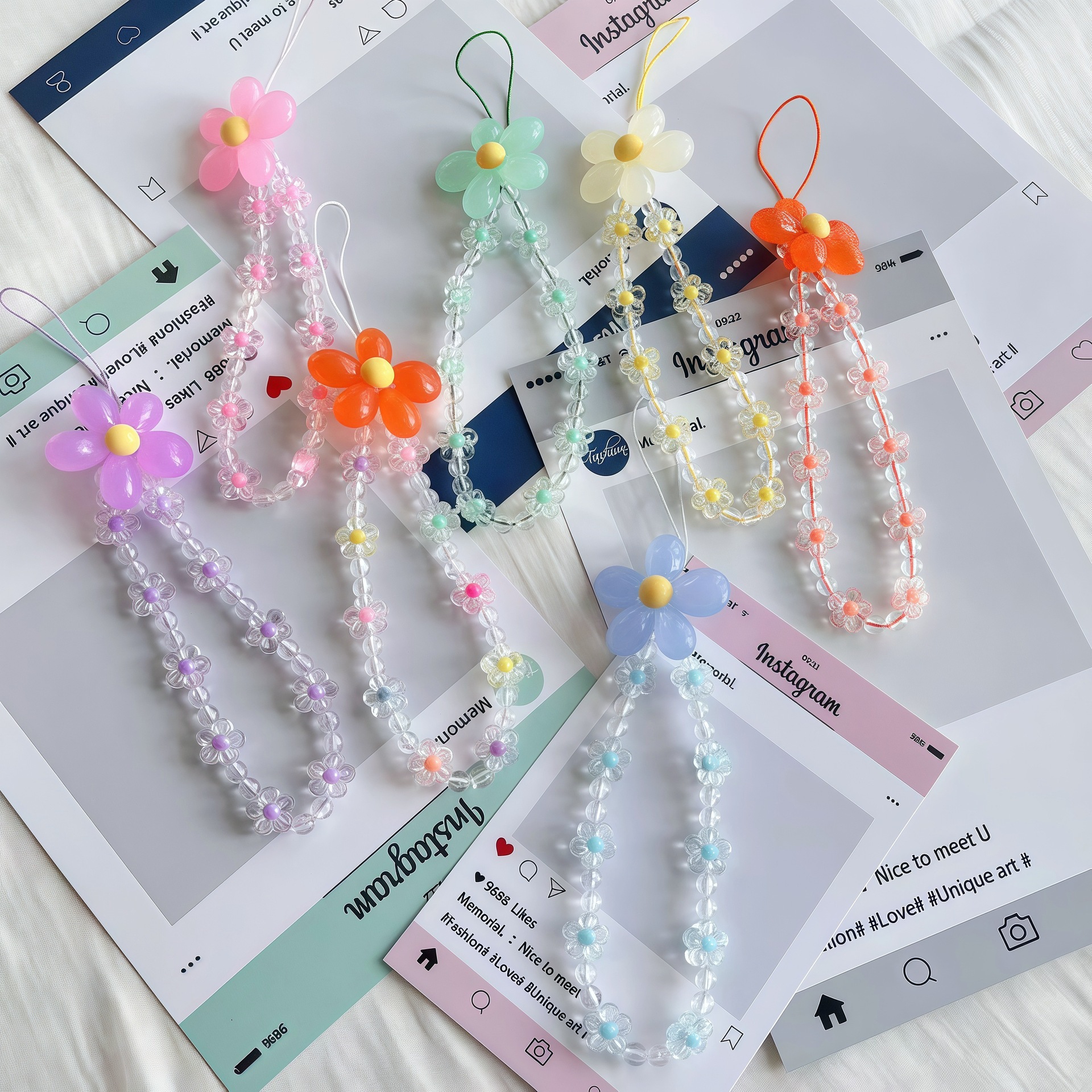 Transparent DIY Flower Cute Bracelet Handmade Beaded Mobile Phone Chain Creative Mobile Phone Case Lanyard Anti-Lost Hanging Chain Pendant