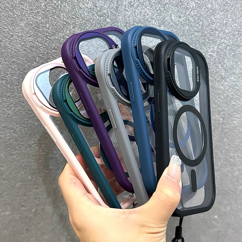 Apple 17 携帯電話ケース iPhone16promax レンズフィルムスタンド付きフリップカバー 透明 磁気吸着 落下防止 シンプル|undefined