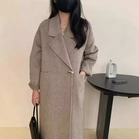 新款牛角扣连帽羊毛大衣灰格子秋冬宽松韩版中长款双面呢外套女