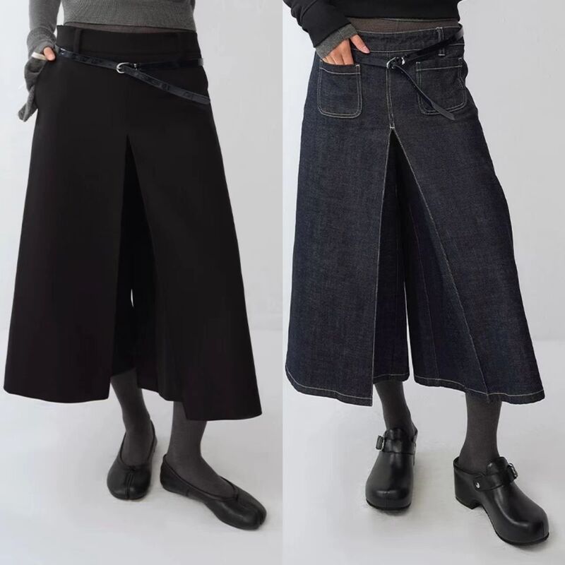 Early Autumn Niche Design Belt Slit Half-Length A-Line Pleated 7/8 Wide-Leg Pants Black/01 Raw Denim