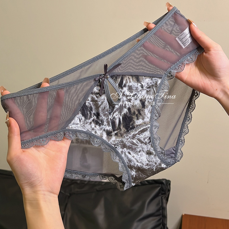 Extended Crotch Velvet Splicing New Chinese Style Pure Desire Mesh Panties with Bamboo Leaf Print and Bowknot, Semi-Transparent Sexy Women's
