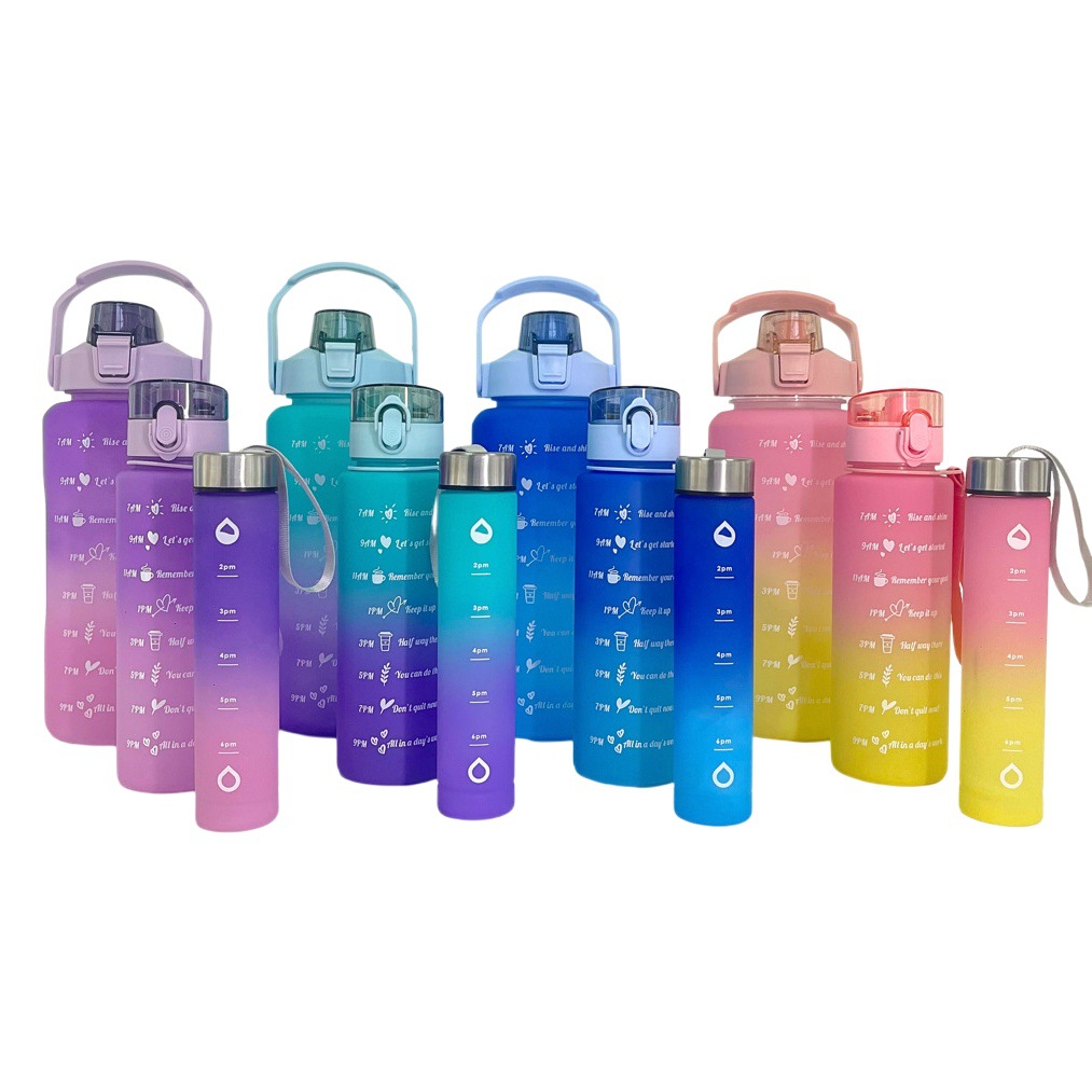 Traje transfronterizo de tres piezas botella de agua cuerda portátil paja gradiente mate taza de agua de plástico botella de agua para deportes al aire libre de gran capacidad