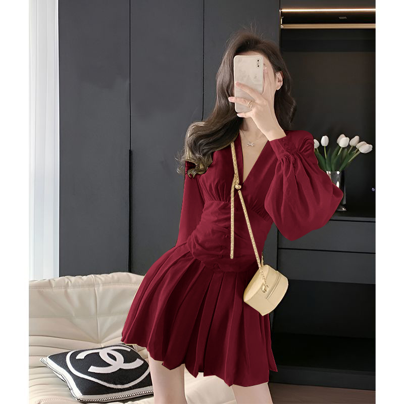 Women's Chiffon V-Neck Lantern Sleeve Mini Dress