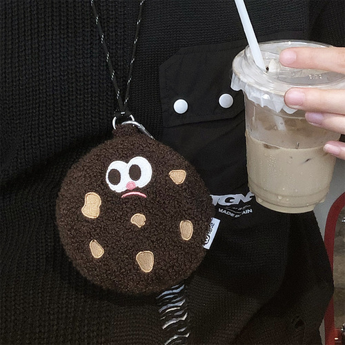 Cookie biscuit halter bag, plush coin earphone bag, funny expression crossbody bag, girl gift
